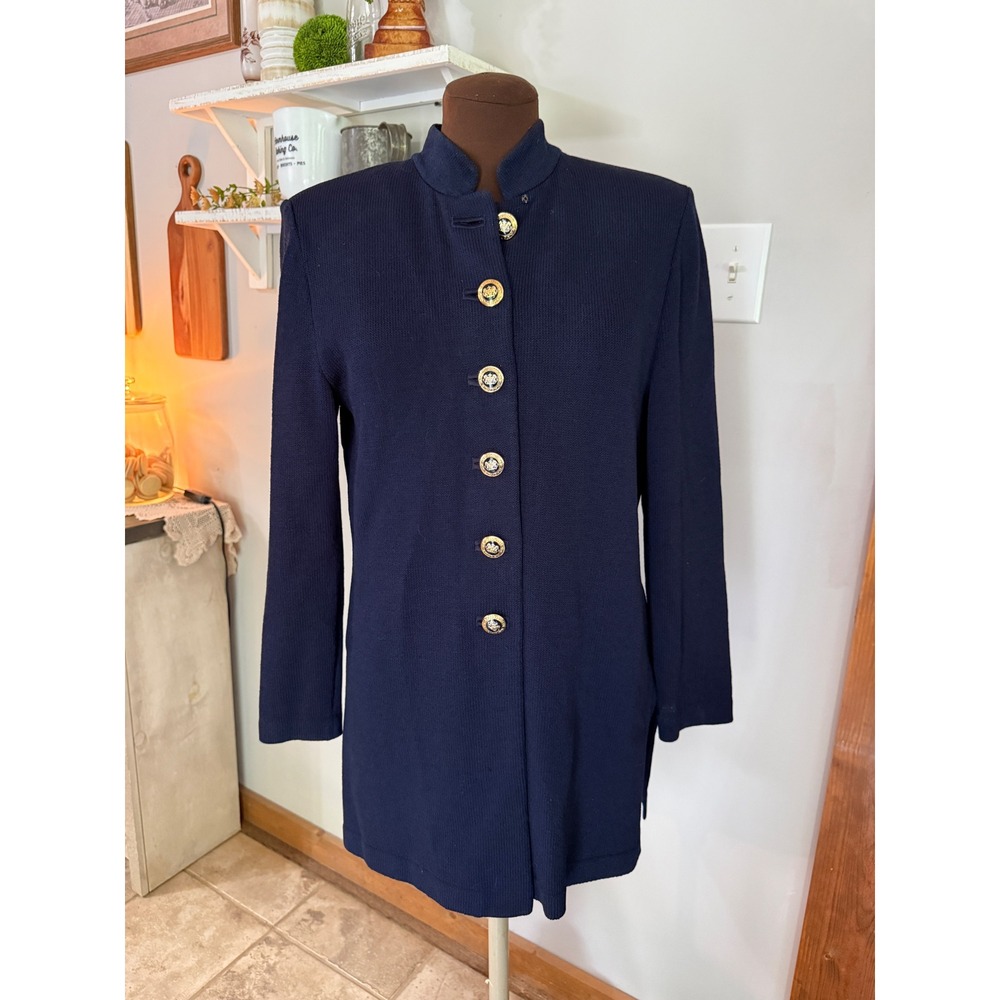 Vintage St. John Collection Knit Jacket blazer women's S Navy Lion Crest Button